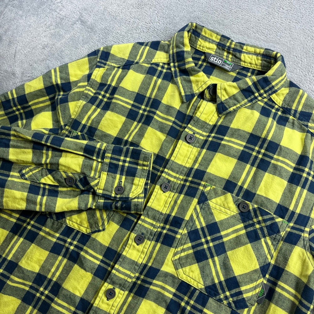 Stio Miter Flannel Mens Small Yellow Navy Blue Plaid Button Down Shirt 200082